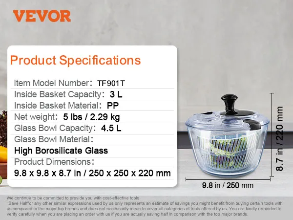 VEVOR glazen slacentrifuge met 4,5l glazen kom, 3l pp mand, afmetingen 25x22 cm.