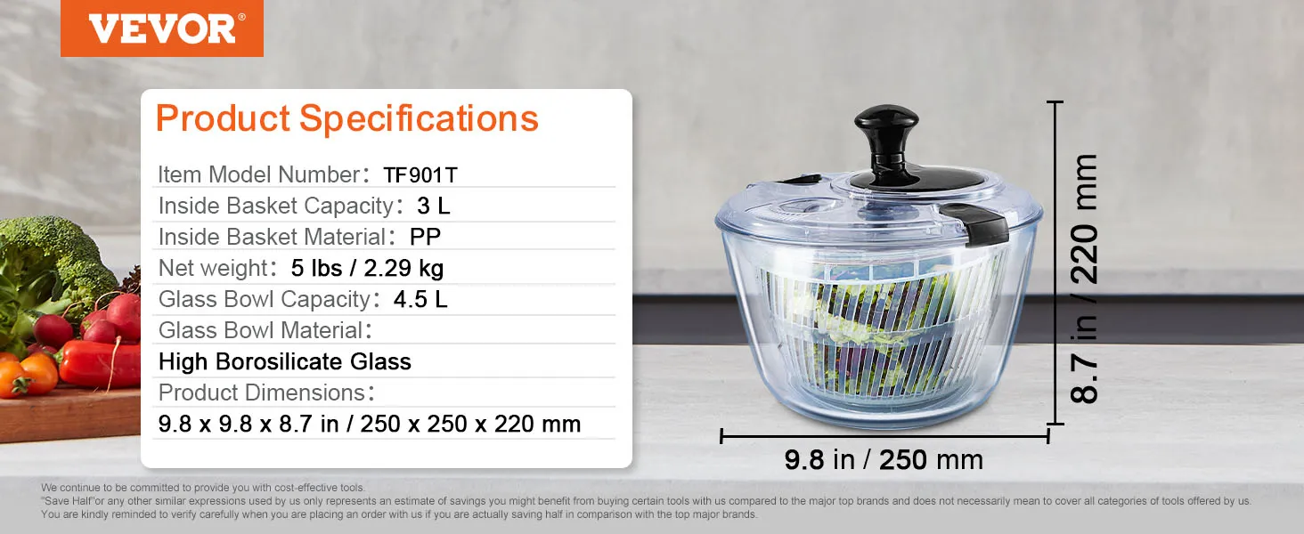 VEVOR glazen slacentrifuge met 4,5l glazen kom, 3l pp mand, afmetingen 25x22 cm.