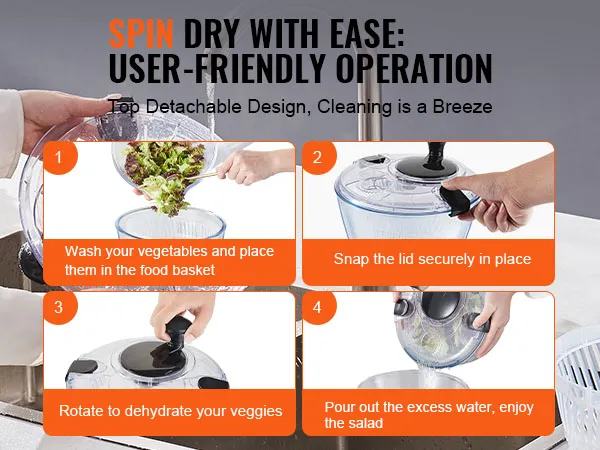 handen met behulp van de VEVOR glazen slacentrifuge onder een kraan, wat de moeiteloze bereiding van salades illustreert.