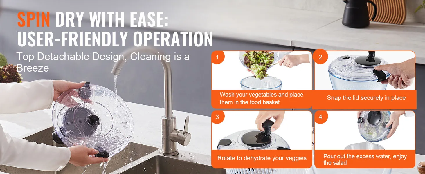 handen met behulp van de VEVOR glazen slacentrifuge onder een kraan, wat de moeiteloze bereiding van salades illustreert.