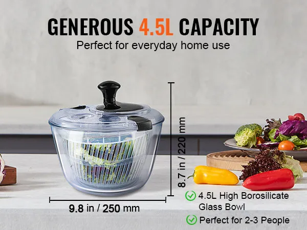 VEVOR slacentrifuge van glas met een inhoud van 4,5 l, perfect voor dagelijks gebruik thuis. Kom gevuld met verse salade.