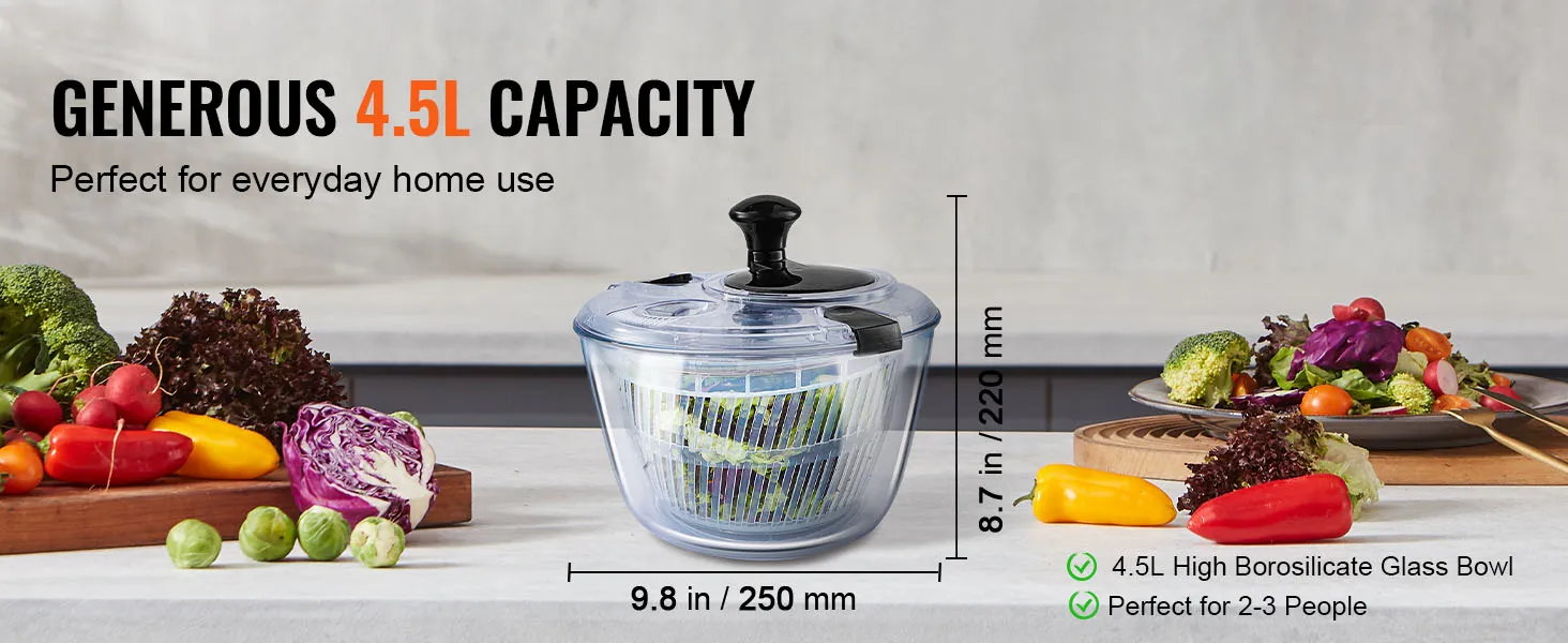 VEVOR slacentrifuge van glas met een inhoud van 4,5 l, perfect voor dagelijks gebruik thuis. Kom gevuld met verse salade.