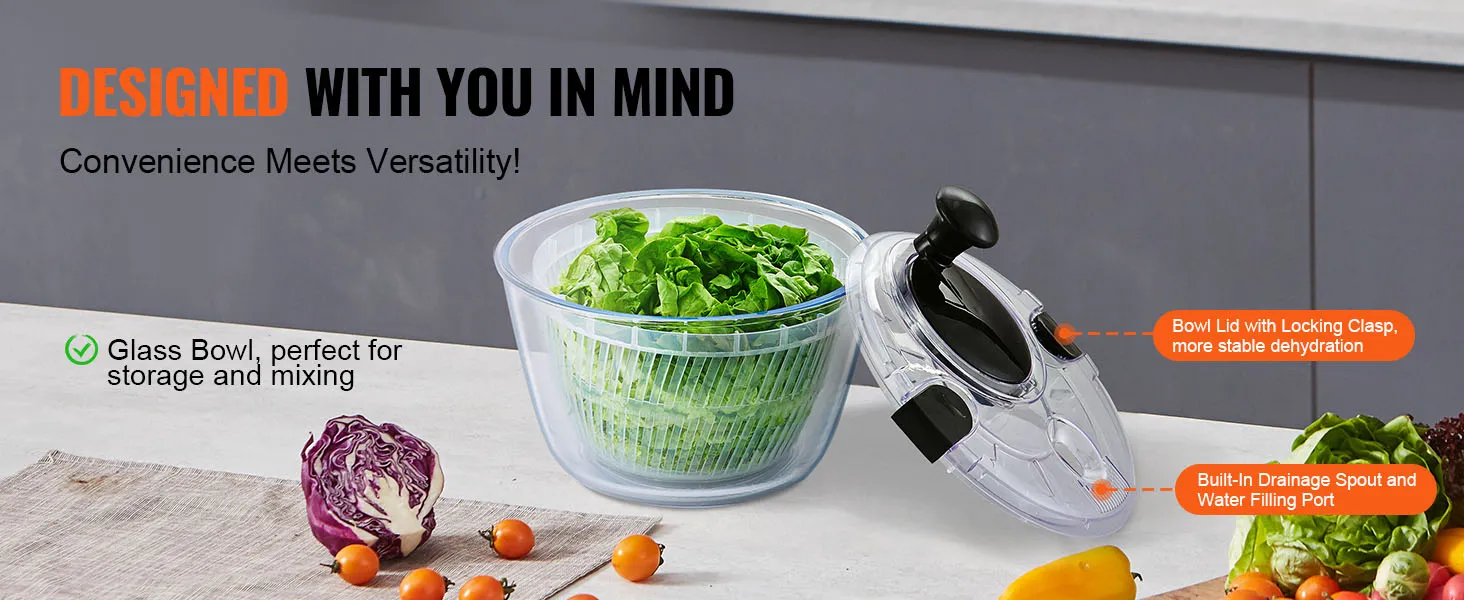 VEVOR glazen slacentrifuge met afsluitbaar deksel, ingebouwde afvoertuit en watervulopening.