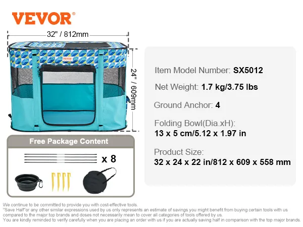 VEVOR foldable pet playpen package includes stakes, folding bowl, rods, cover; model sx5012, dimensions 32"x24".