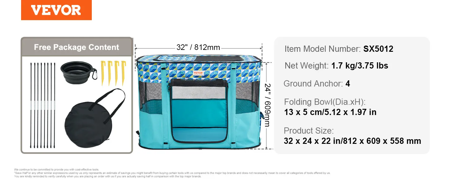 VEVOR foldable pet playpen package includes stakes, folding bowl, rods, cover; model sx5012, dimensions 32"x24".