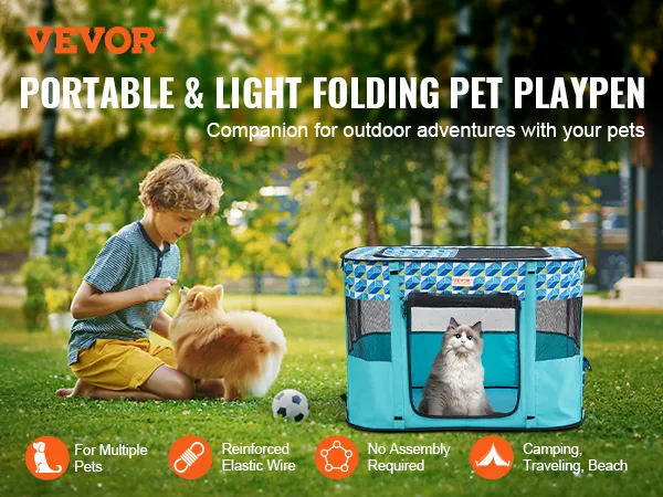 VEVOR foldable pet playpen displayed in a park, ideal for multiple pets, perfect for outdoor adventures.