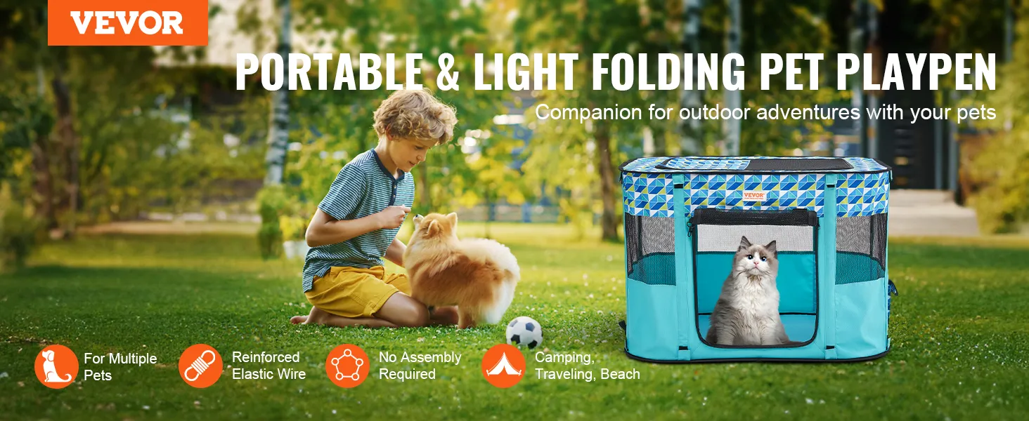 VEVOR foldable pet playpen displayed in a park, ideal for multiple pets, perfect for outdoor adventures.