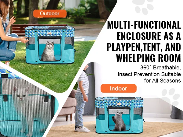 VEVOR foldable pet playpen shown outdoors and indoors, ideal for cats and dogs. multi-functional and breathable.