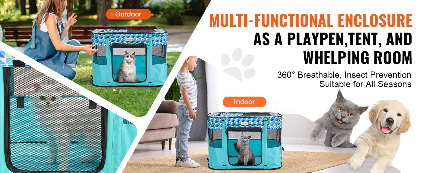 VEVOR foldable pet playpen shown outdoors and indoors, ideal for cats and dogs. multi-functional and breathable.