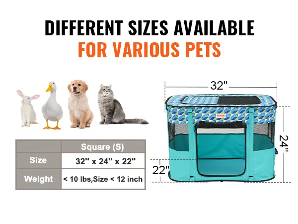 VEVOR foldable pet playpen in four sizes, showcasing various pets with dimensions and weight guidelines.