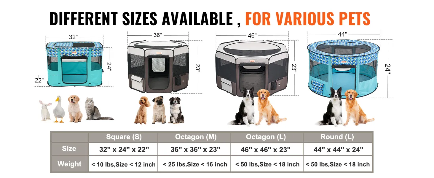 VEVOR foldable pet playpen in four sizes, showcasing various pets with dimensions and weight guidelines.