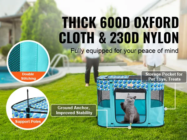 VEVOR foldable pet playpen with thick 600d oxford cloth, 230d nylon, ground anchor, and storage pocket.