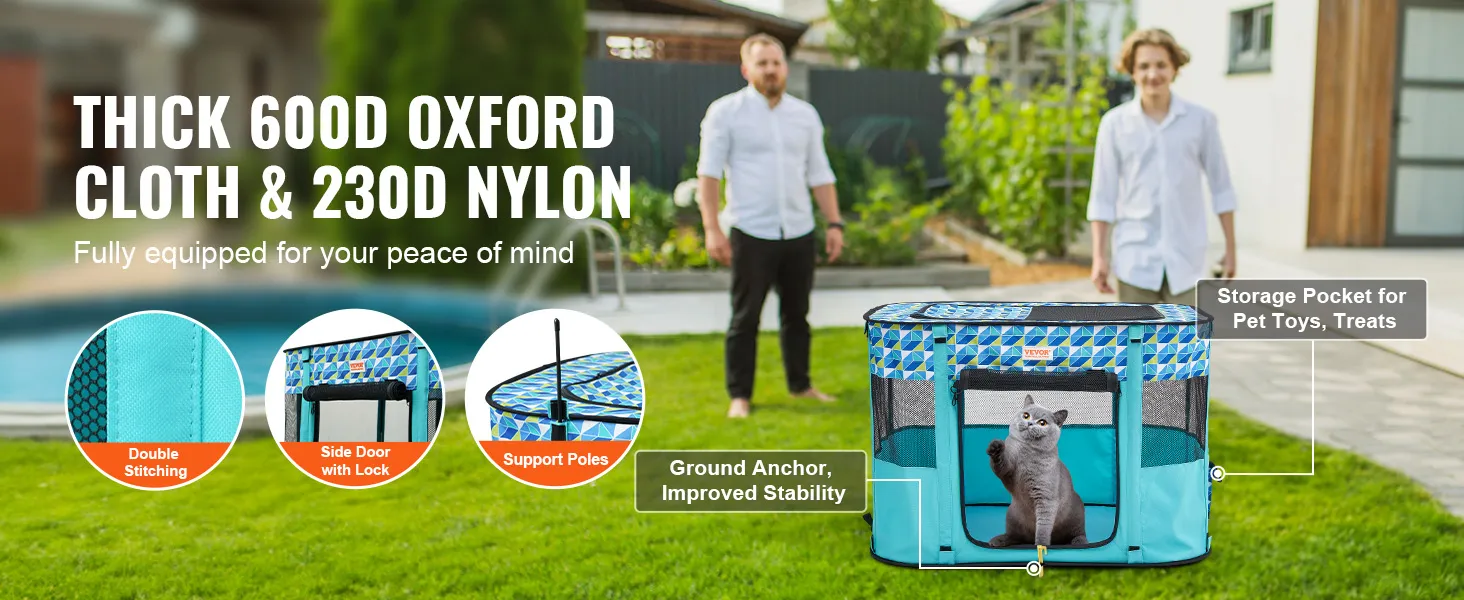 VEVOR foldable pet playpen with thick 600d oxford cloth, 230d nylon, ground anchor, and storage pocket.
