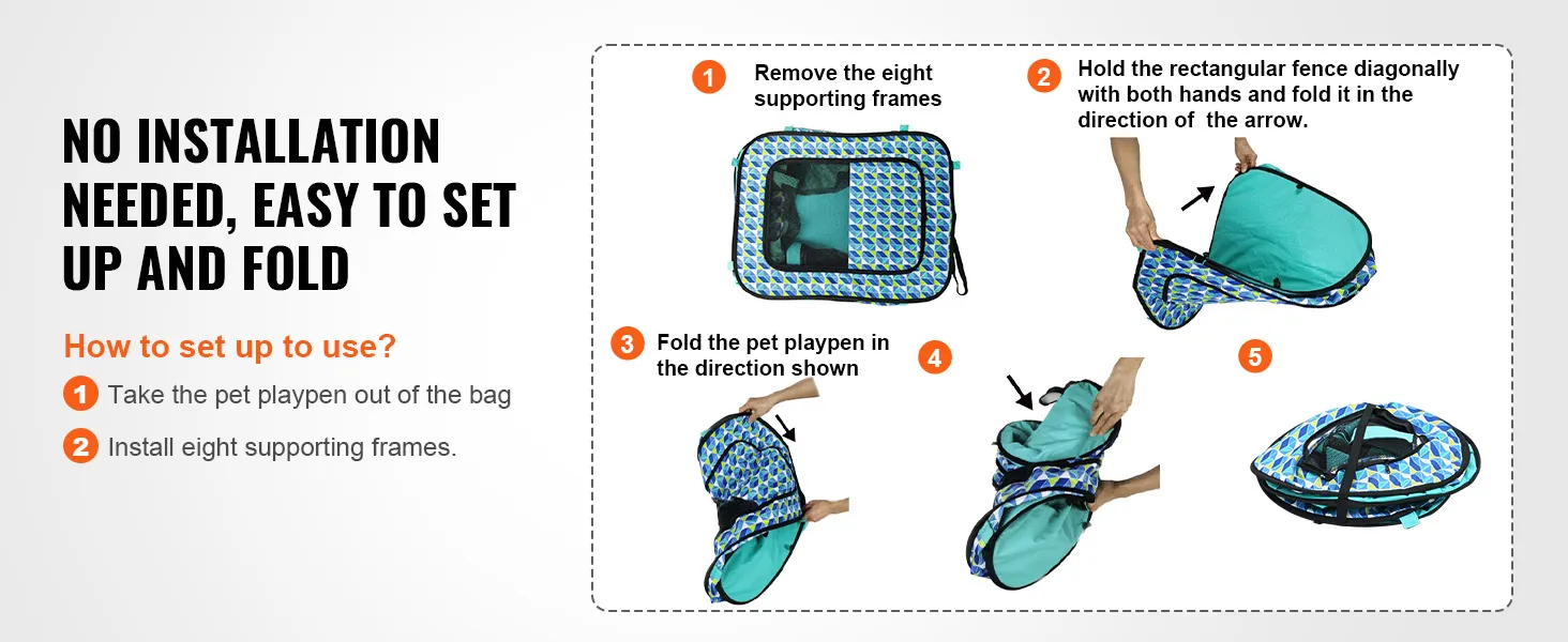 VEVOR foldable pet playpen setup and folding instructions, no installation required, easy storage.