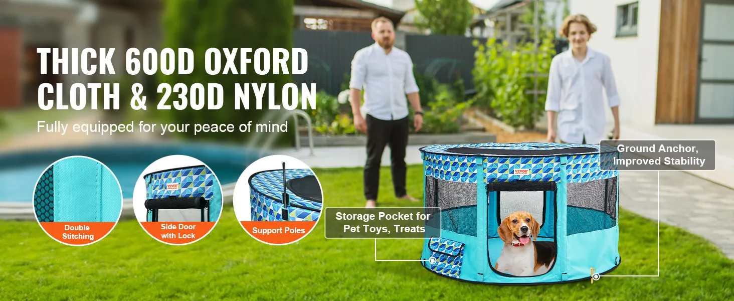 VEVOR pet playpen with 600d oxford cloth, side door with lock, and storage pocket for pet toys and treats.