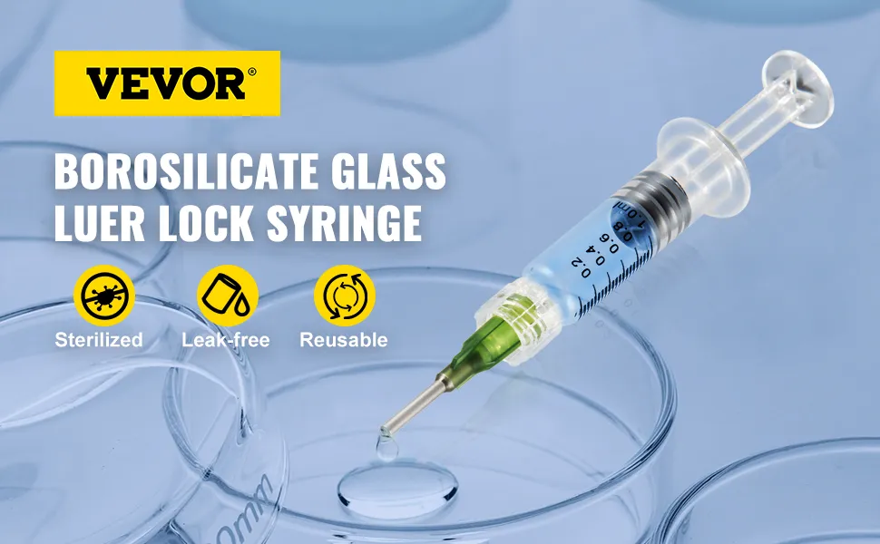 VEVOR glass syringe with borosilicate luer lock, sterilized, leak-free, reusable.