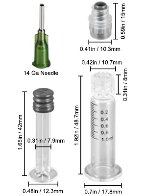 VEVOR glass syringe set with 14 ga needle, stopper, and scale markings, showcasing various dimensions.