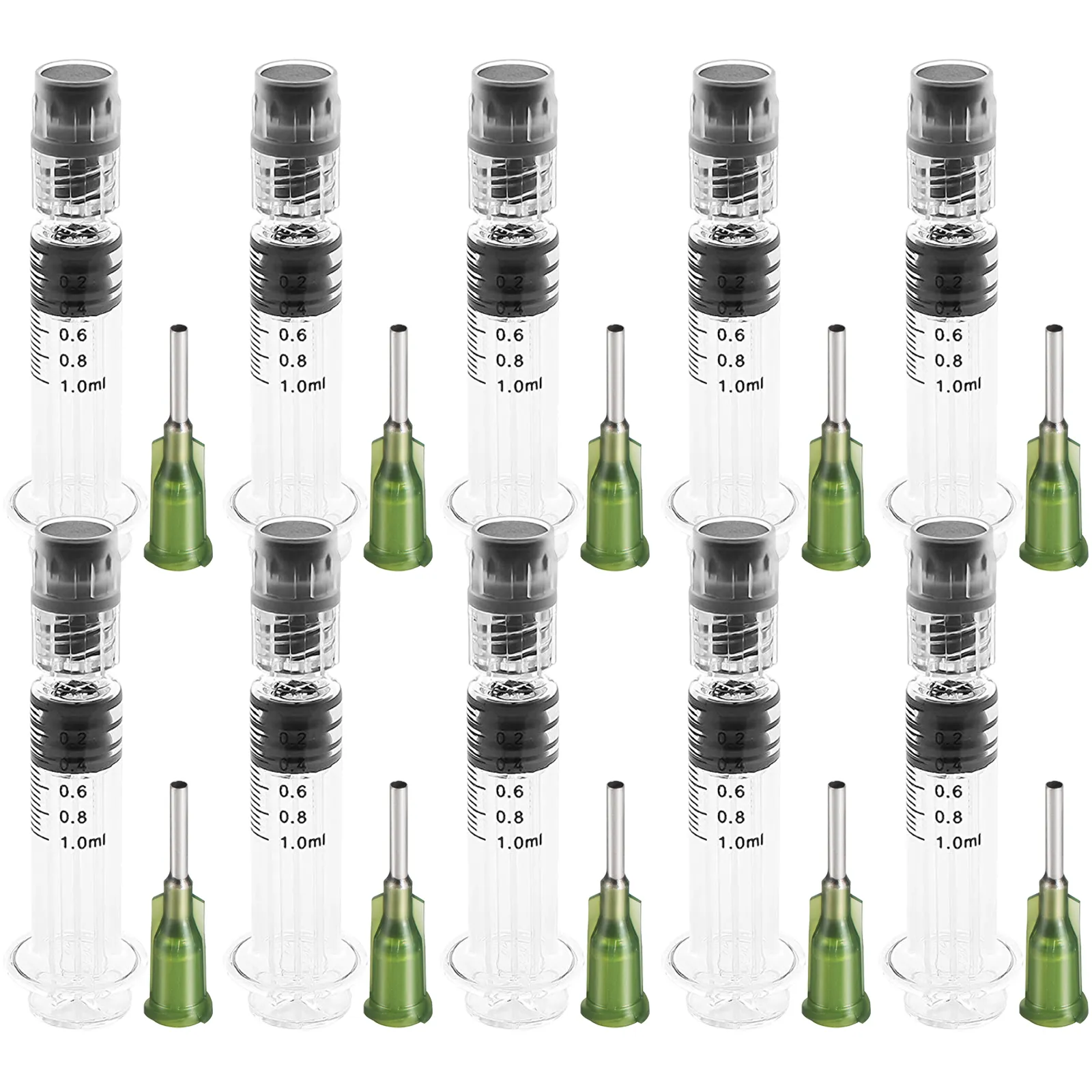 transparent VEVOR glass syringe pack with green caps and measurement markings, displayed in rows.