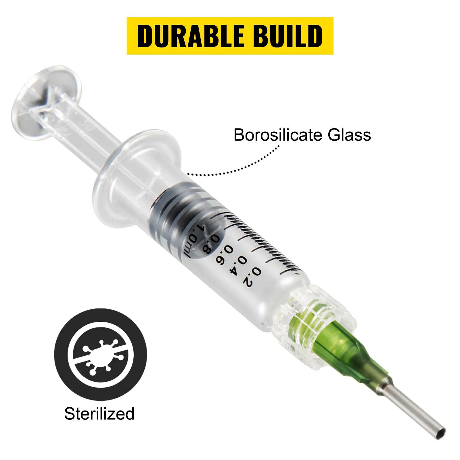 VEVOR glass syringe with borosilicate glass, durable build, and sterilized icon.