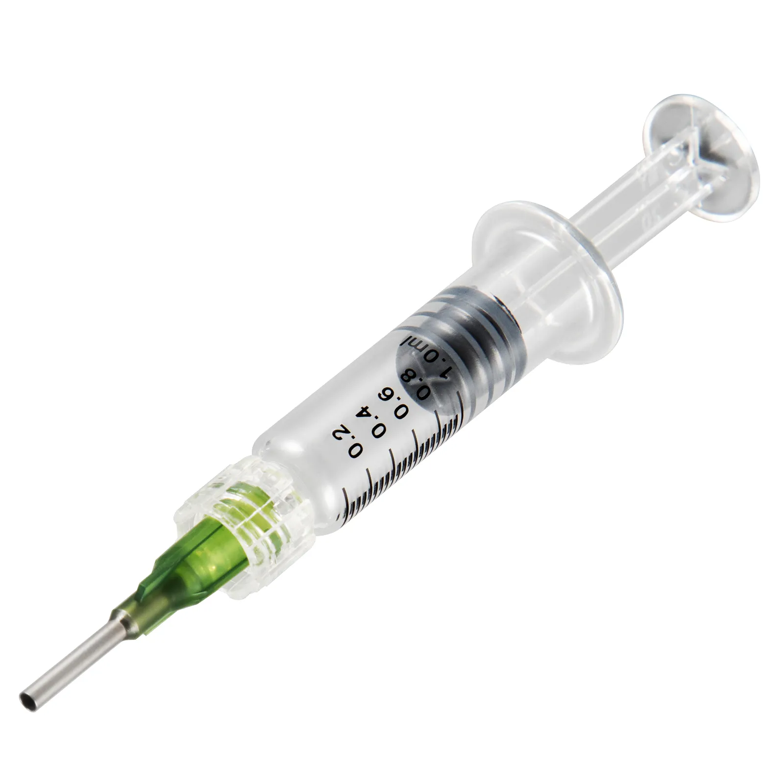 transparent VEVOR glass syringe with precise measurements and green needle attachment.