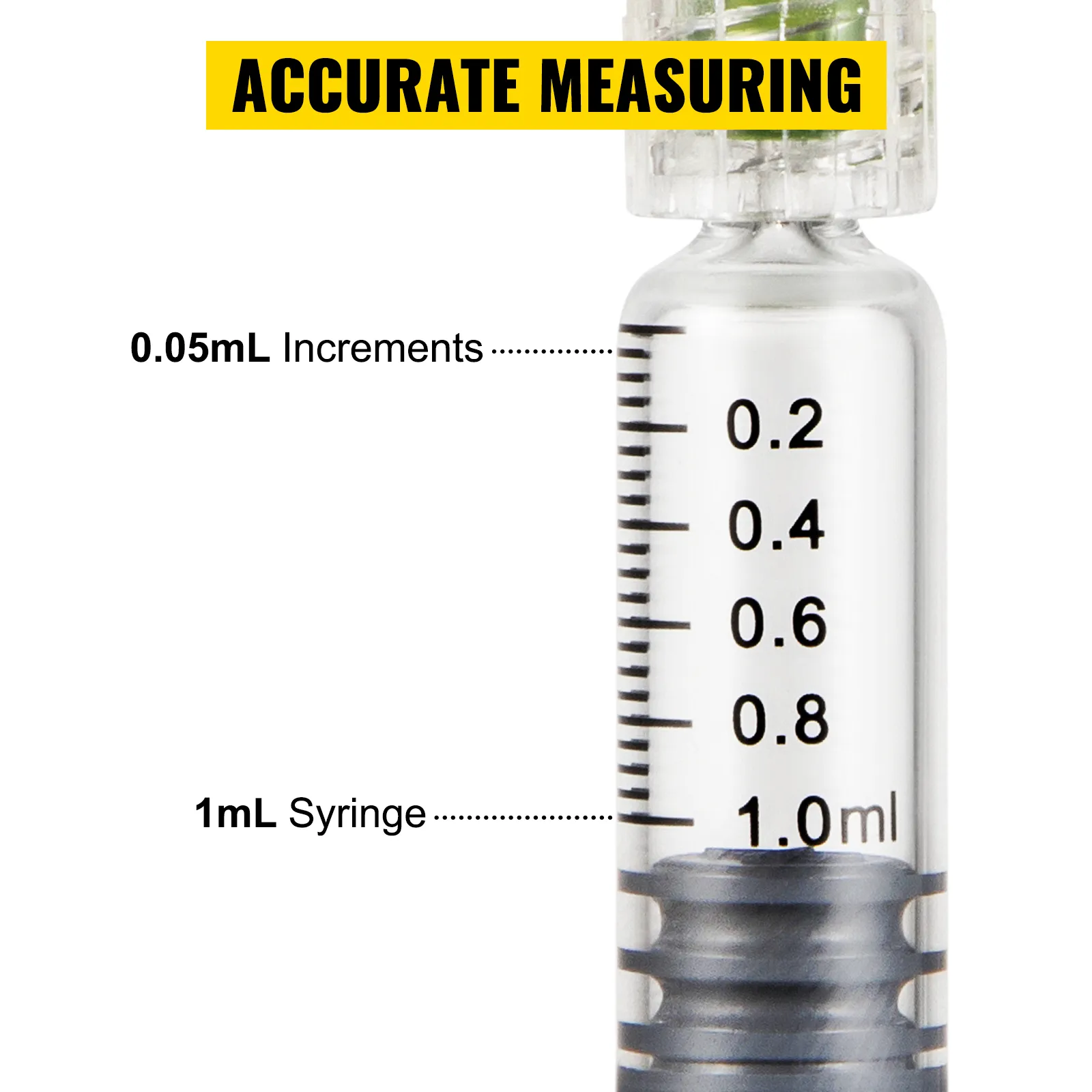 1ml VEVOR glass syringe with 0.05ml increments, labeled for accurate measuring.