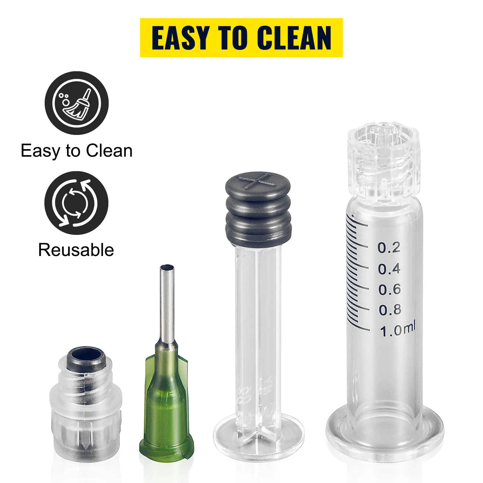 VEVOR glass syringe, reusable, 1.0ml, easy to clean components, clear display with measurements.