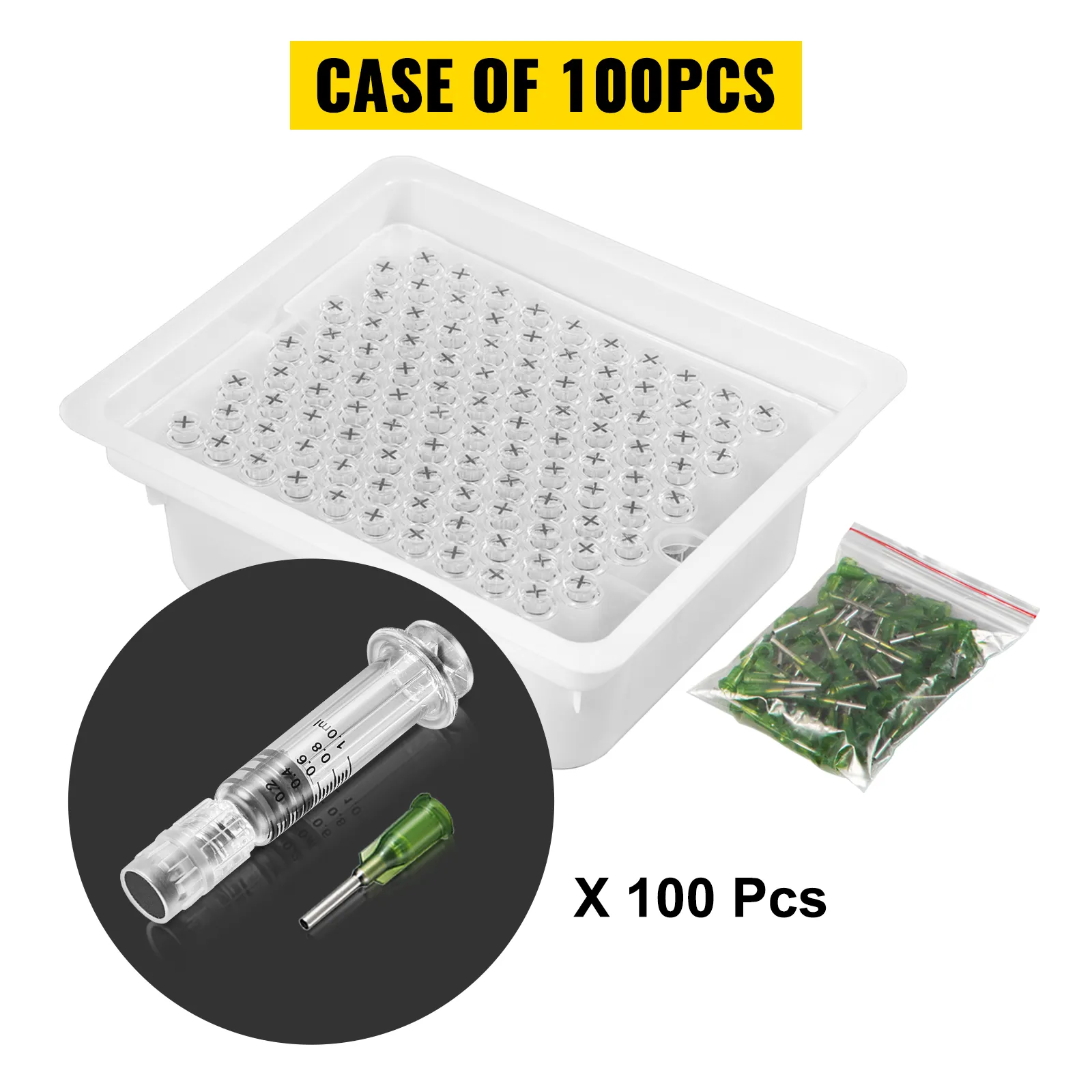 VEVOR glass syringe 100-piece set with needles in a white tray and bag.