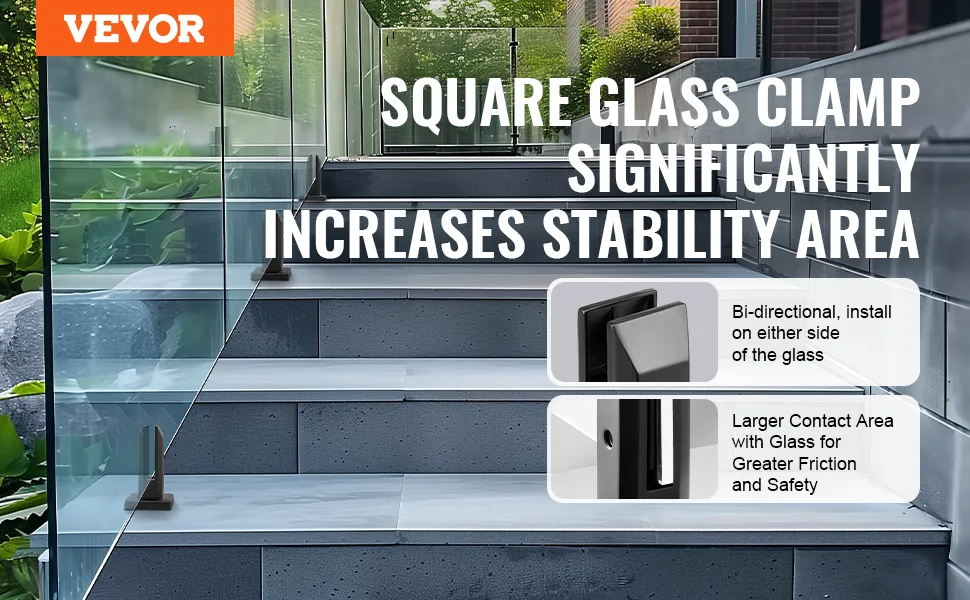 VEVOR glass clamp on elegant glass stairway railings, promoting increased stability and safety.