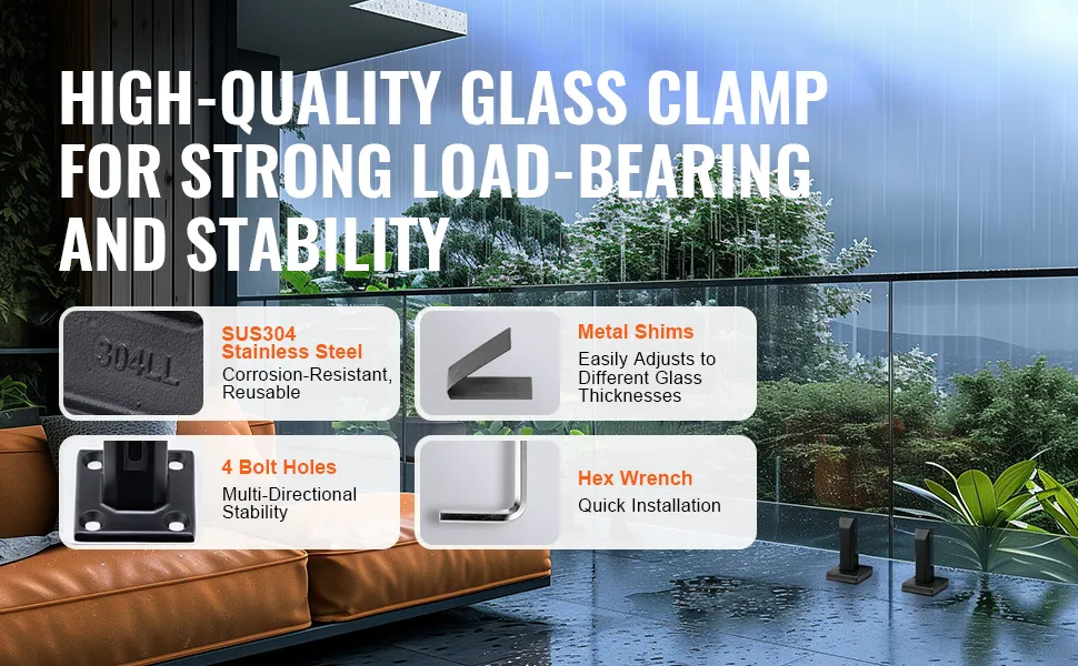 high-quality VEVOR glass clamp with sus304 stainless steel and 4 bolt holes for strong load-bearing and stability.