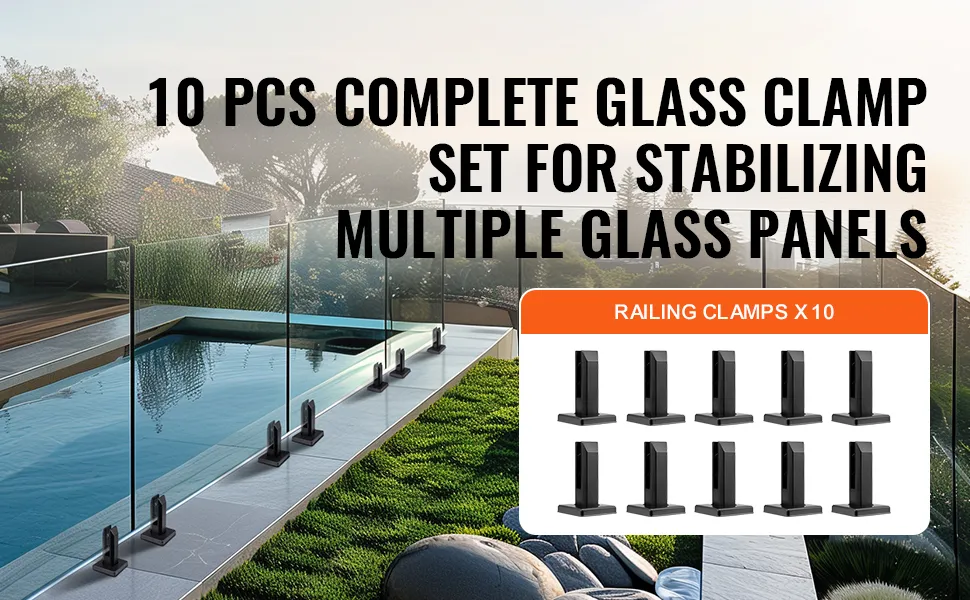 VEVOR glass clamp set for securing glass panels around a swimming pool, featuring 10 railing clamps.