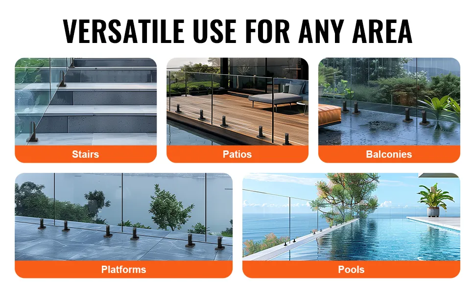 VEVOR glass clamp for versatile use in stairs, patios, balconies, platforms, and pools.