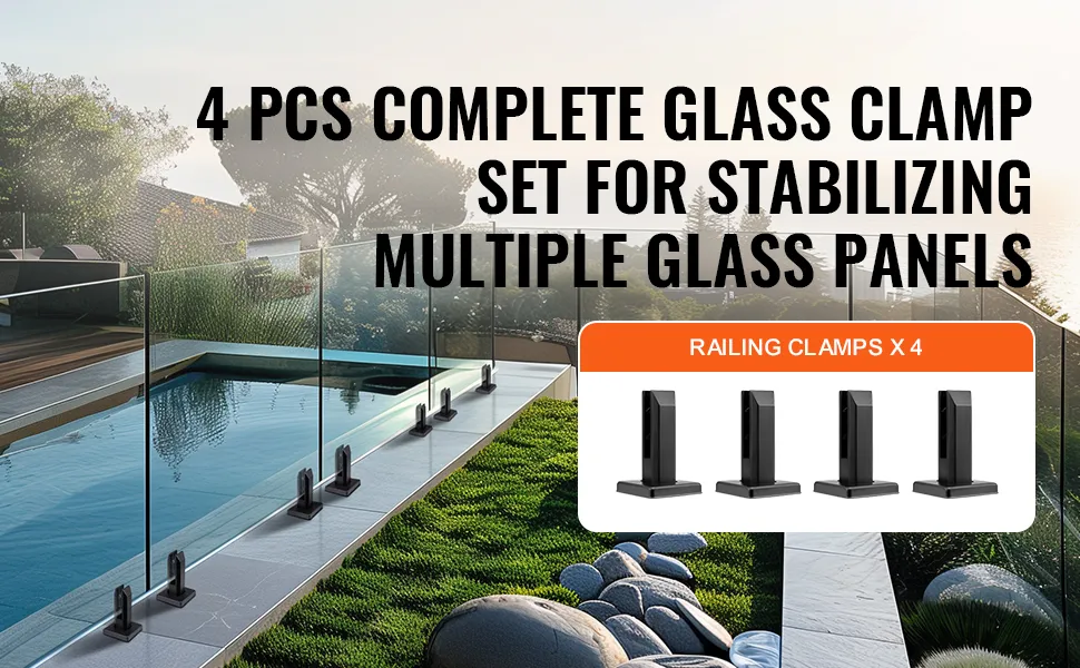4 pcs VEVOR glass railing bracket set by a pool for stabilizing multiple glass panels.