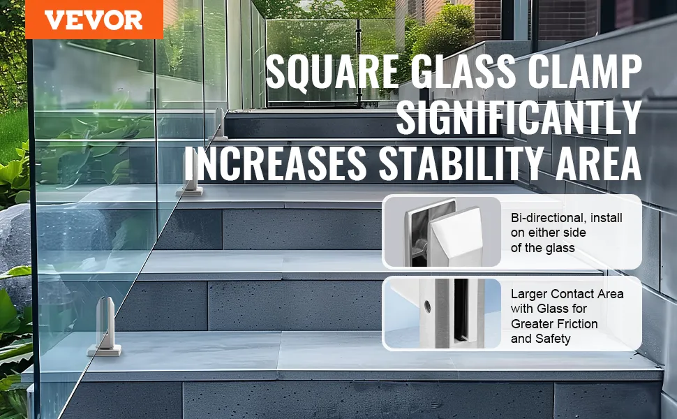 VEVOR glass clamp secures glass railings on steps, enhancing stability and safety with increased contact area.