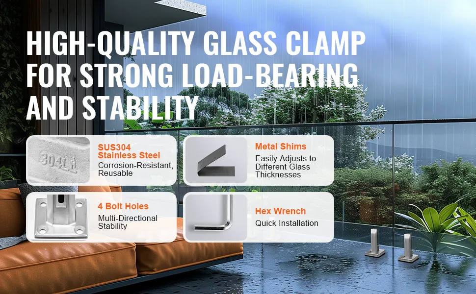 high-quality VEVOR glass clamp with sus304 stainless steel, metal shims, 4 bolt holes, and hex wrench.