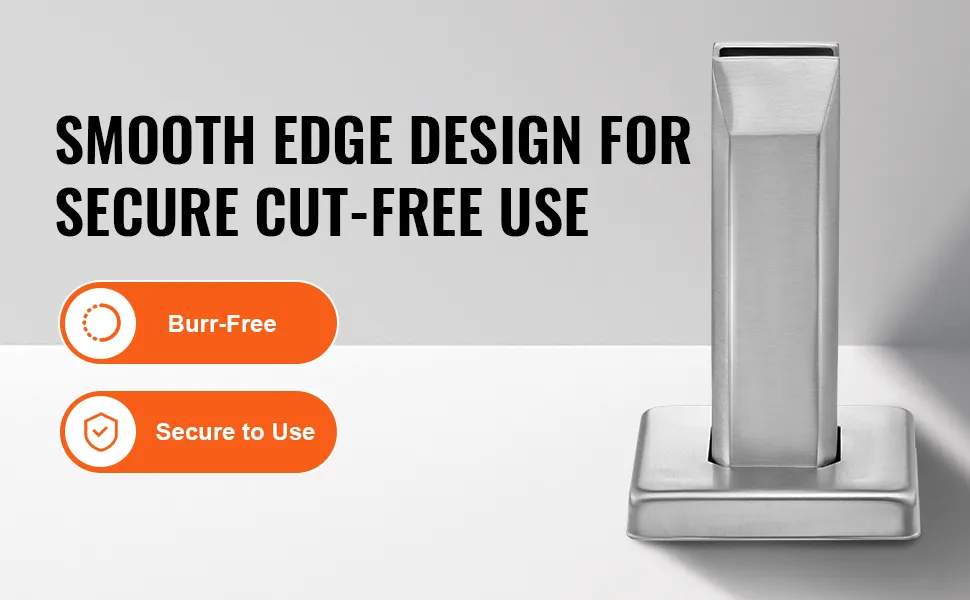 VEVOR glass clamp with smooth edges for secure, cut-free use, highlighted as burr-free and secure to use.