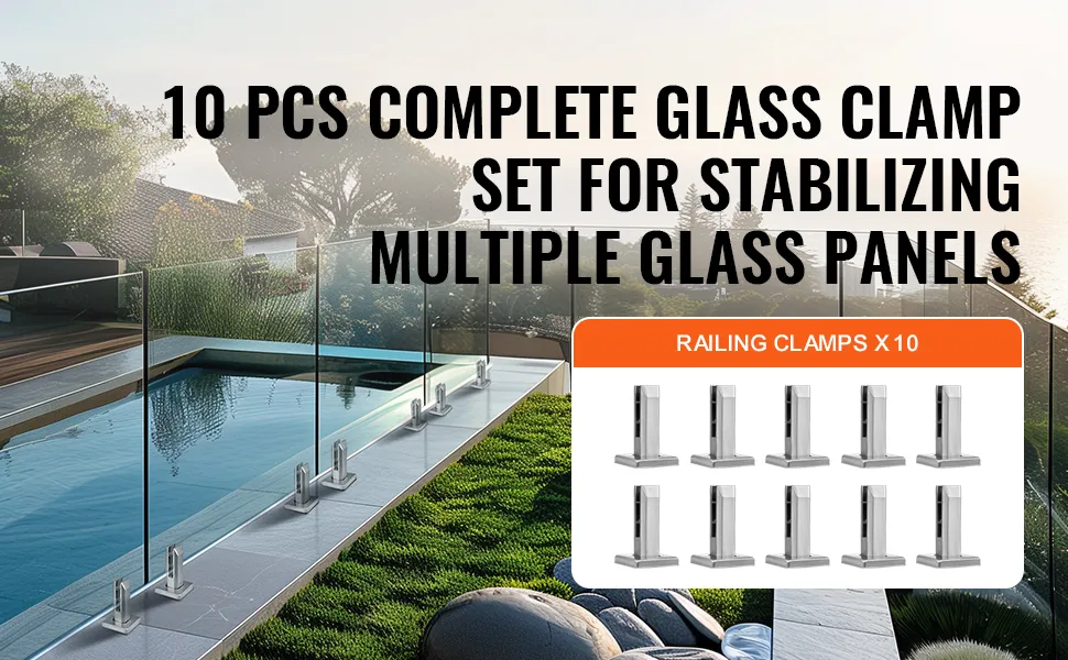 10 pcs VEVOR glass clamp set, stabilizing glass panels around outdoor pool area with green lawn.