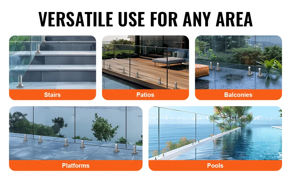 stairs, patios, balconies, platforms, and pools using VEVOR glass clamp for versatile railing solutions.
