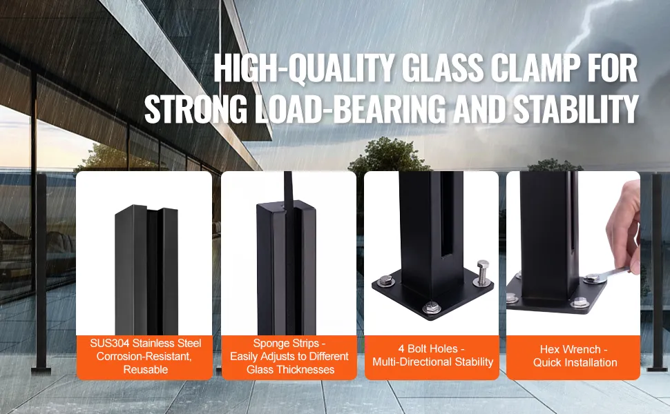 VEVOR glass clamp with sus304 steel, sponge strips, bolt holes, hex wrench for stability and easy install.