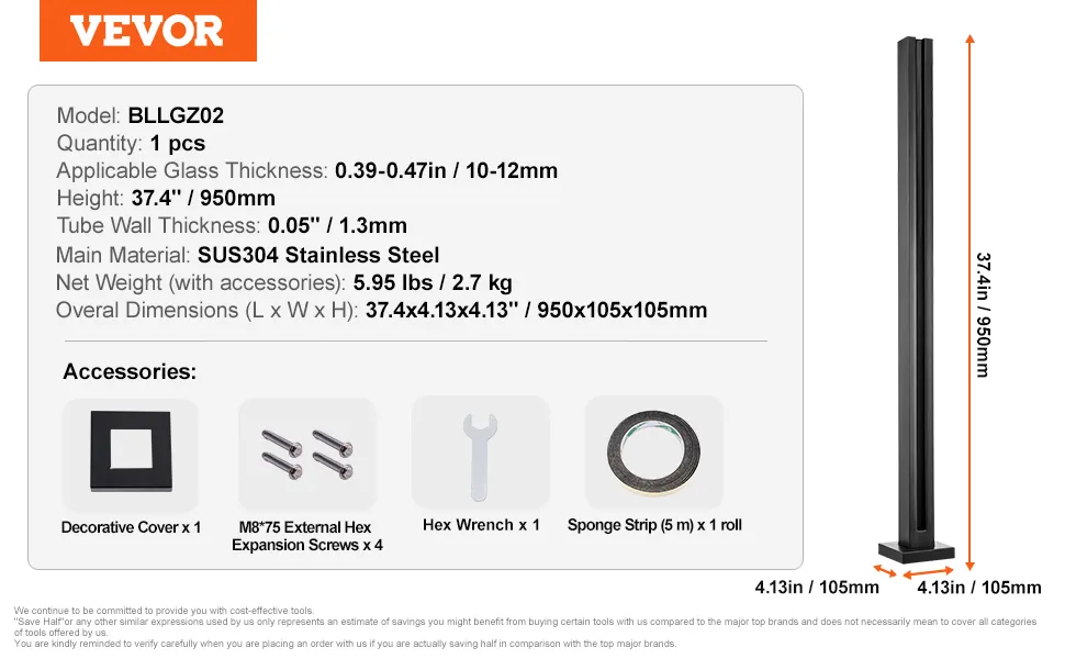 VEVOR glass clamp, stainless steel, fits 10-12mm glass, 37.4" height, includes accessories: screws, wrench.