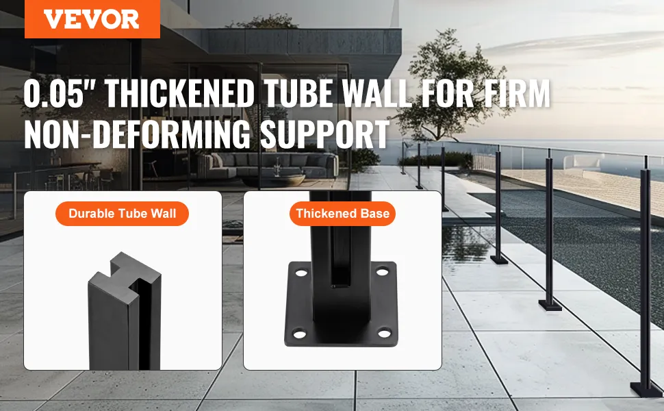 VEVOR glass clamp with 0.05" thickened tube wall and durable base for firm support by a modern patio.