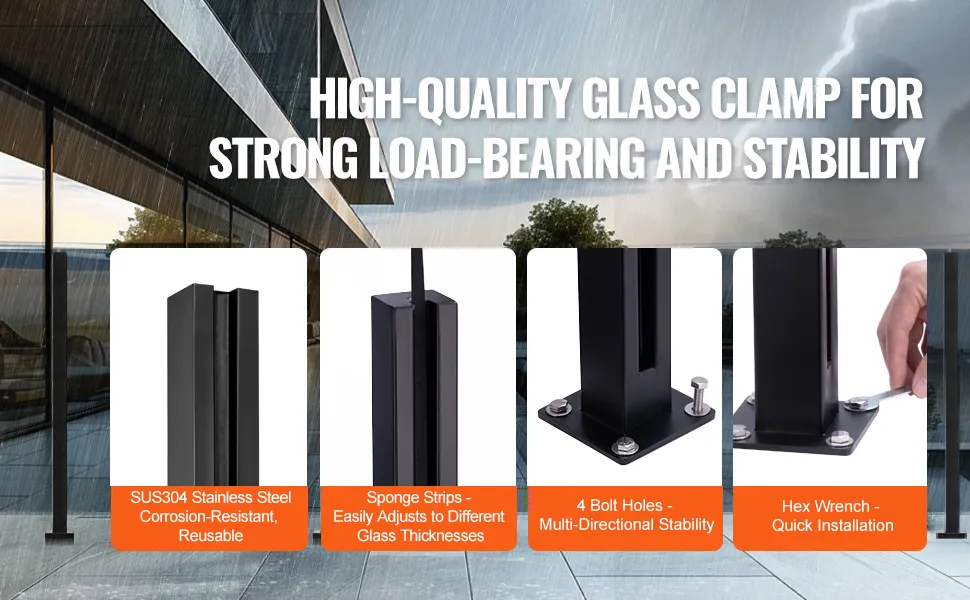 VEVOR glass clamp for strong load-bearing; sus304 stainless steel, sponge strips, 4 bolt holes, hex wrench.