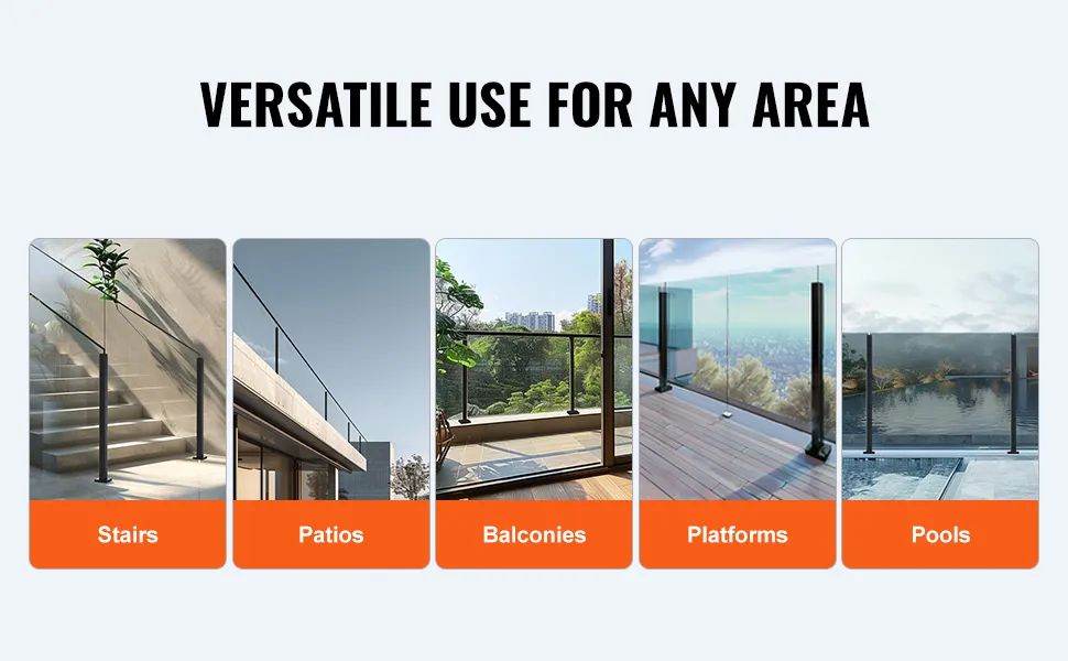 VEVOR glass clamp for stairs, patios, balconies, platforms, and pools, showcasing versatile use.