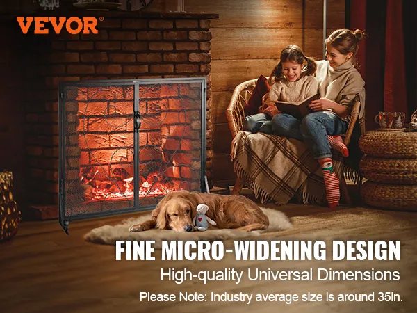 VEVOR fireplace screen beside a cozy fireplace with two people reading and a dog lying on a rug.