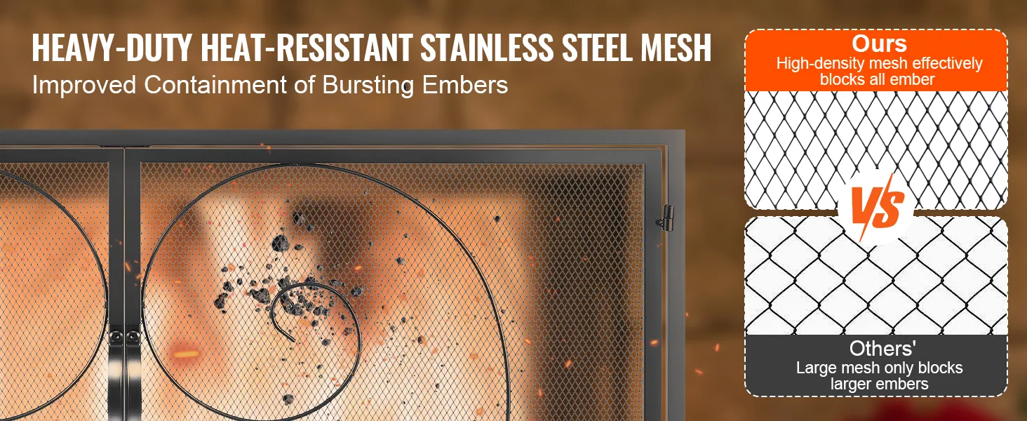 heavy-duty VEVOR fireplace screen with heat-resistant stainless steel mesh vs. standard large mesh.
