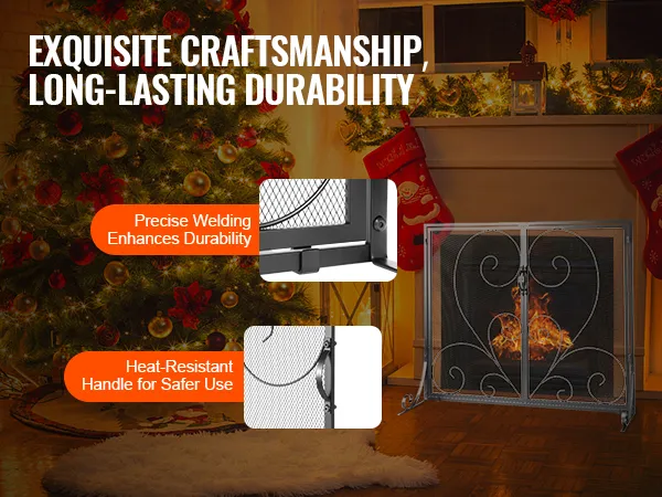 VEVOR fireplace screen with intricate scroll design, heat-resistant handle, precise welding, festive stockings.