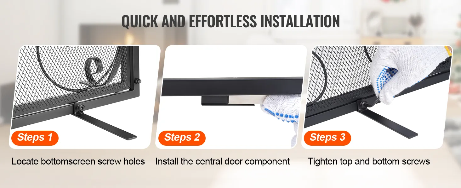 quick and easy setup of the VEVOR fireplace screen in three steps with detailed assembly instructions.