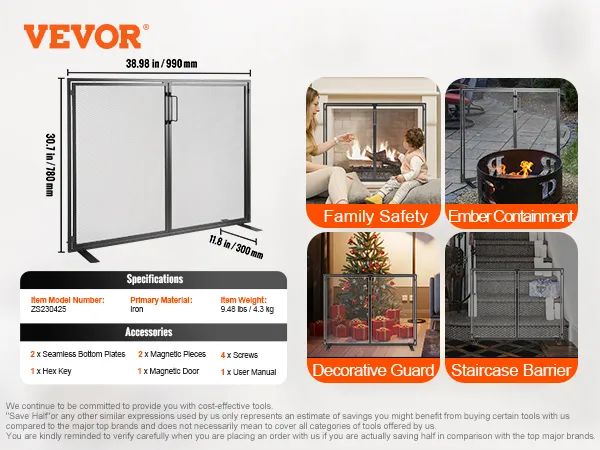VEVOR haardscherm, 98,5 x 78 cm, ijzer, inclusief inbussleutel, magnetische deur, schroeven en bodemplaten.