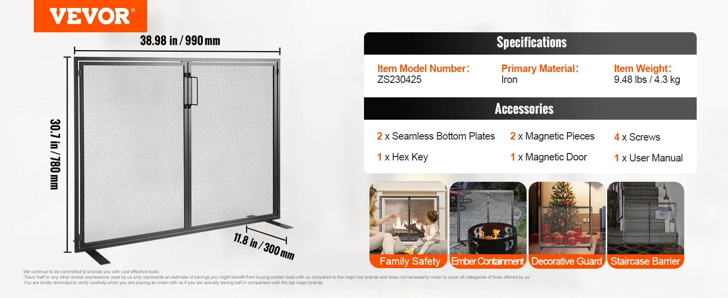 VEVOR haardscherm, 98,5 x 78 cm, ijzer, inclusief inbussleutel, magnetische deur, schroeven en bodemplaten.