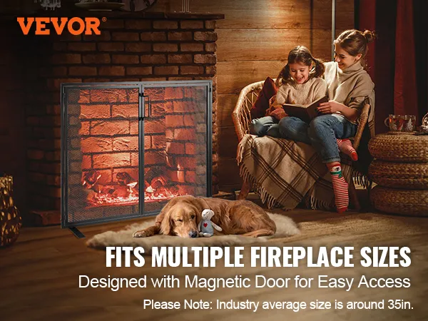 VEVOR haardscherm met magnetische deur, gezellige woonkamerscène, hond rustend bij de open haard.