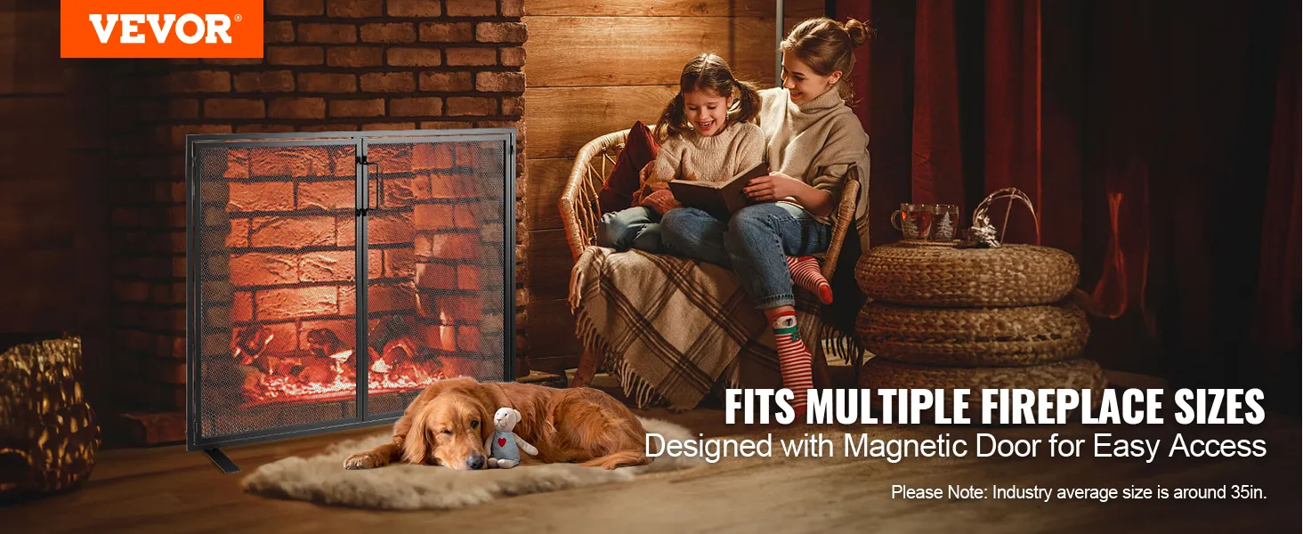VEVOR haardscherm met magnetische deur, gezellige woonkamerscène, hond rustend bij de open haard.